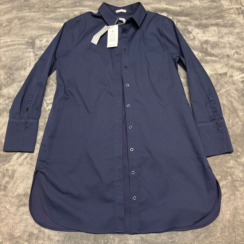 Chicos No-Iron Chic Stretch Tunic Navy Blue Button Down Shirt Size 0 Small NEW
